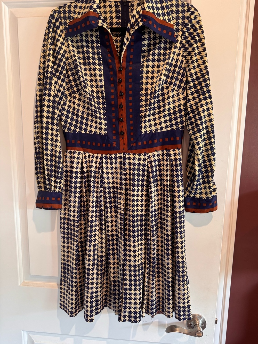 Vintage ILGWU Navy and Cream Houndstooth Dress with Rust Accent